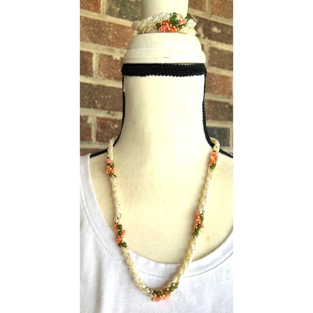 Vintage Rice Pearl and Gemstone Necklace & Bracelet Set